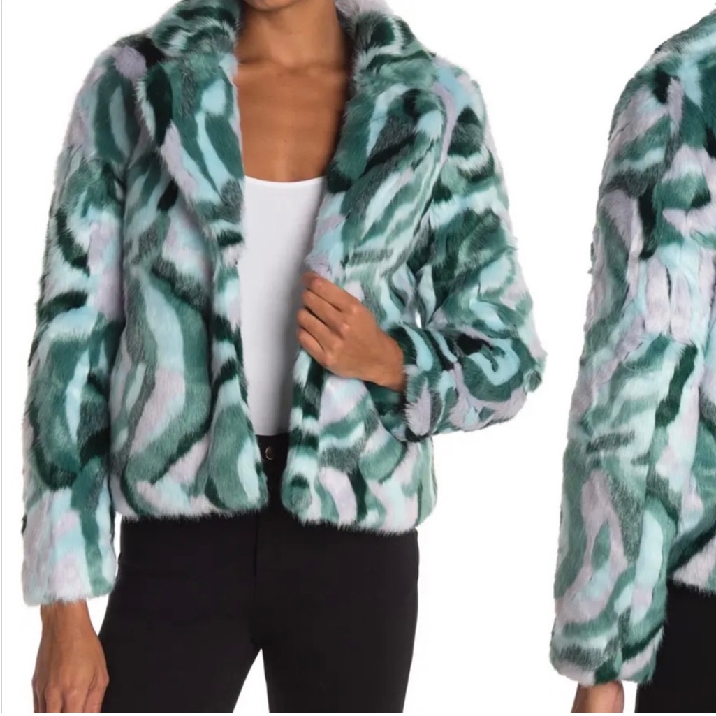 Dvf X Apparis Tracy Faux-Fur Printed Jacket Gray Green Size Xs